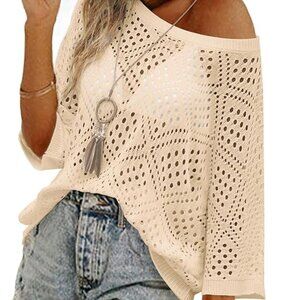 Women's Crochet Top Hollow Out 3/4 Sleeve Sweater Off Shoulder Knit Coverup
